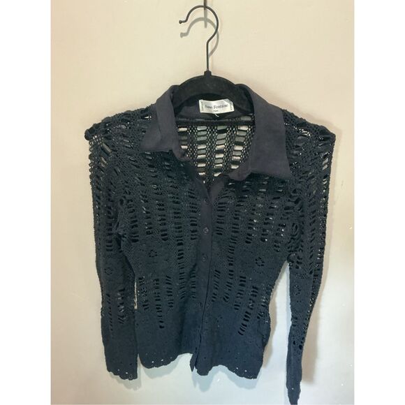 ANNE FONTAINE Black Lace Blouse Long Sleeve Collared Top Designer - Picture 4 of 8